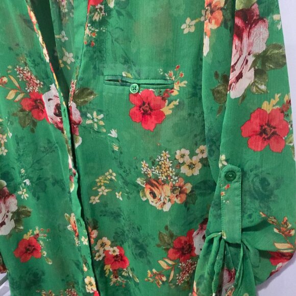 Kut From The Kloth Green Floral Button Up Blouse Women’s Large Sheer - Picture 4 of 6
